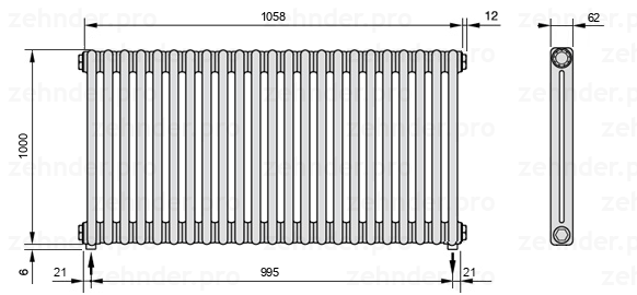 Схема (чертеж) Радиатор Zehnder Charleston 2100/23 №3570 Белый глянцевый RAL 9016
